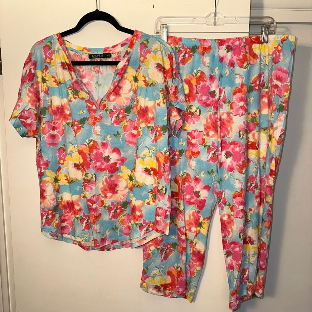 Ralph Lauren Womens XL Pajama Set Blue Pink Yellow Floral Short Sleeve and Pants
